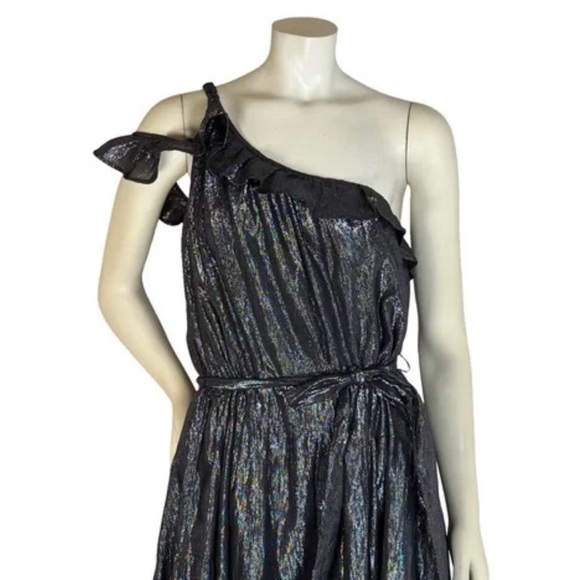 Maeve Metallic Silver Black One Shoulder Tiered Midi Dress Size L Anthropologie - Picture 6 of 8